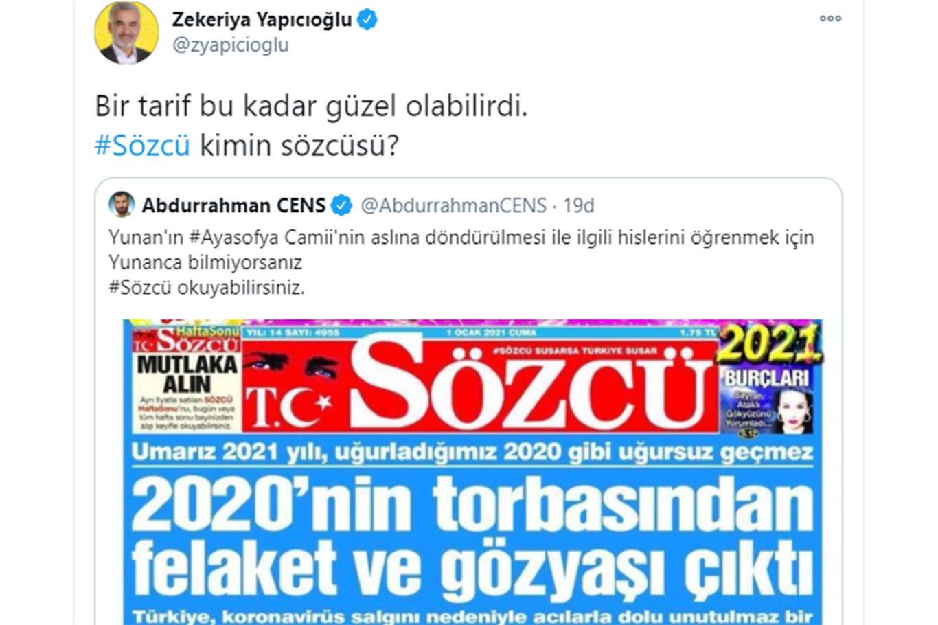 HÜDA PAR’dan Sözcü gazetesine Ayasofya tepkisi: Sözcü kimin sözcüsü? HÜDA PAR’dan Sözcü gazetesine Ayasofya tepkisi: Sözcü kimin sözcüsü?